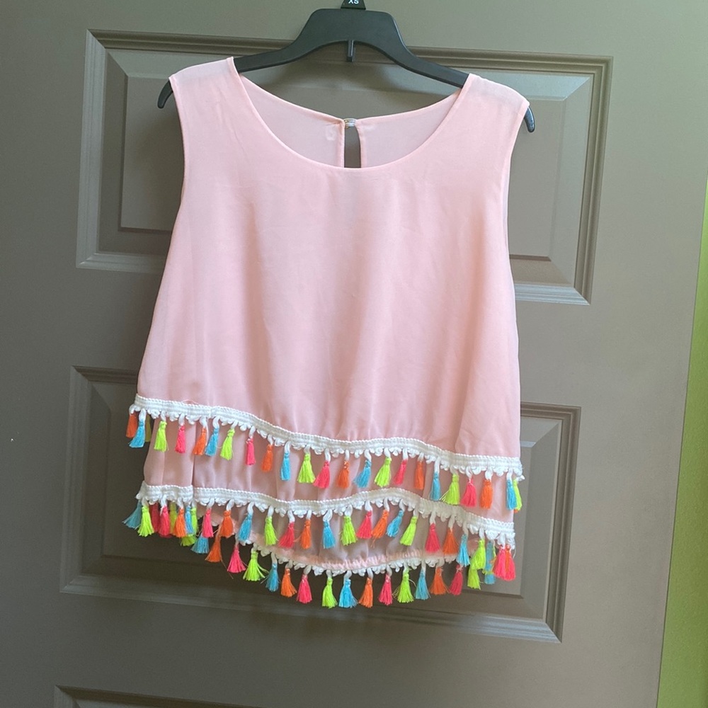 European designer outlet top with colorful fringe detail